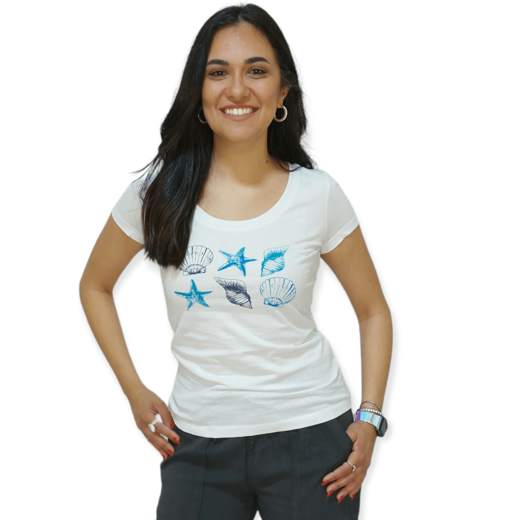 ElOutlet - Summer Women Women T-Shirts Women T-Shirt - TT (Slim-Fit) - White "Sea Shells"