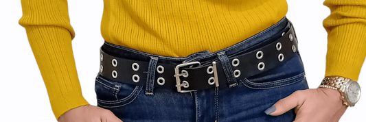 ElOutlet Women Belts Women Belt - Black Leather double dotted