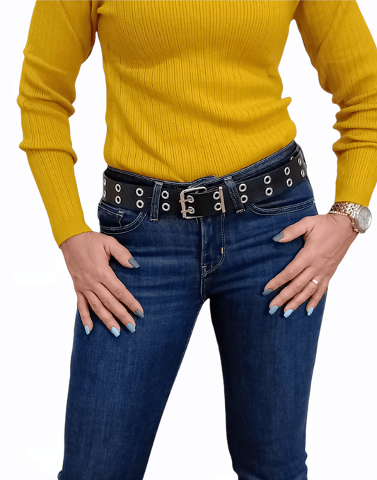 ElOutlet Women Belts Women Belt - Black Leather double dotted
