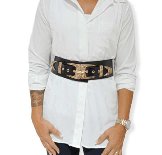 ElOutlet Women Belts Women Belt - Wide Black leather Golden