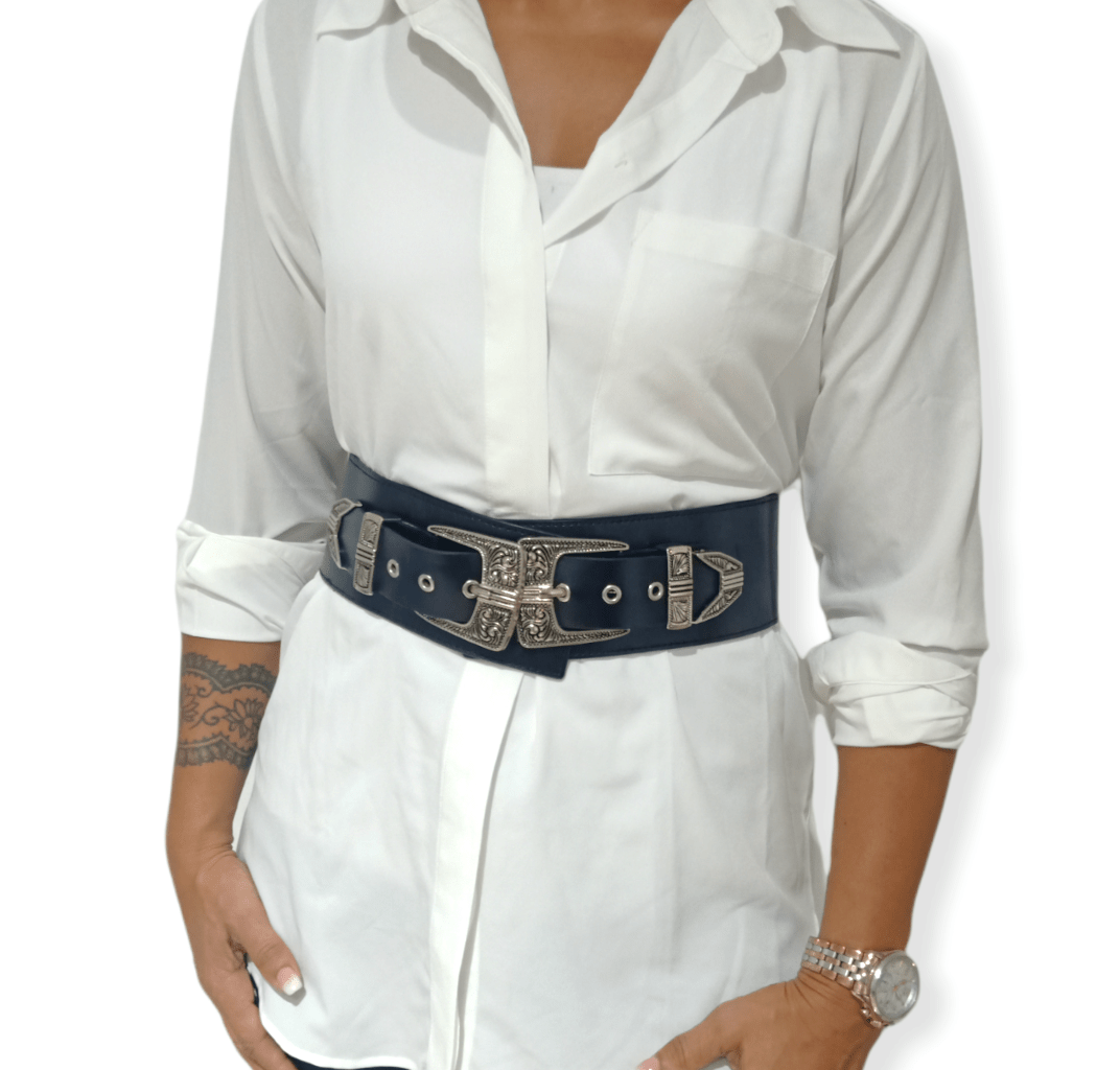 ElOutlet Women Belts Women Belt - Wide Black leather Silver