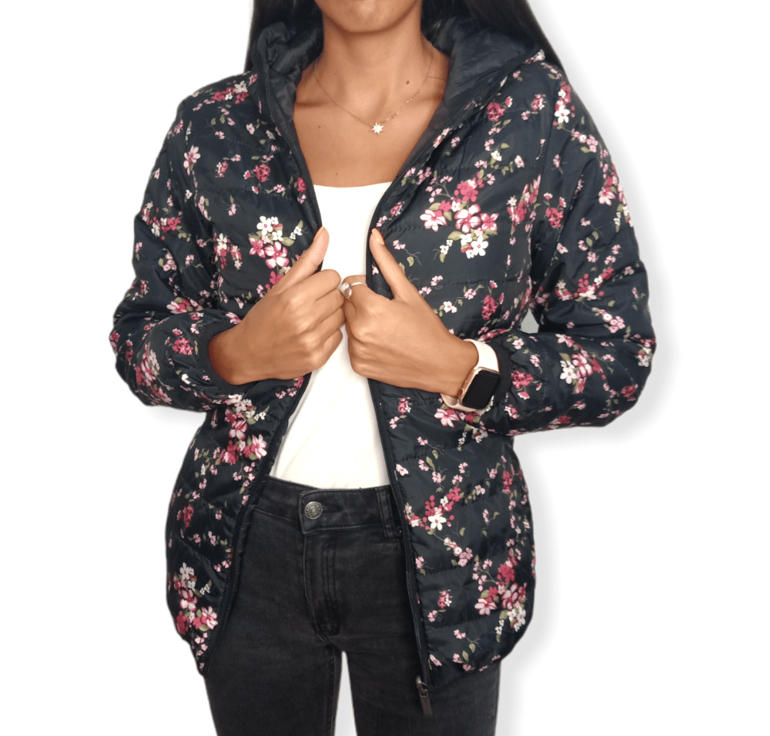 ElOutlet Women Jacket Puffer Women "Double-Face" Jacket - Black x Flowery
