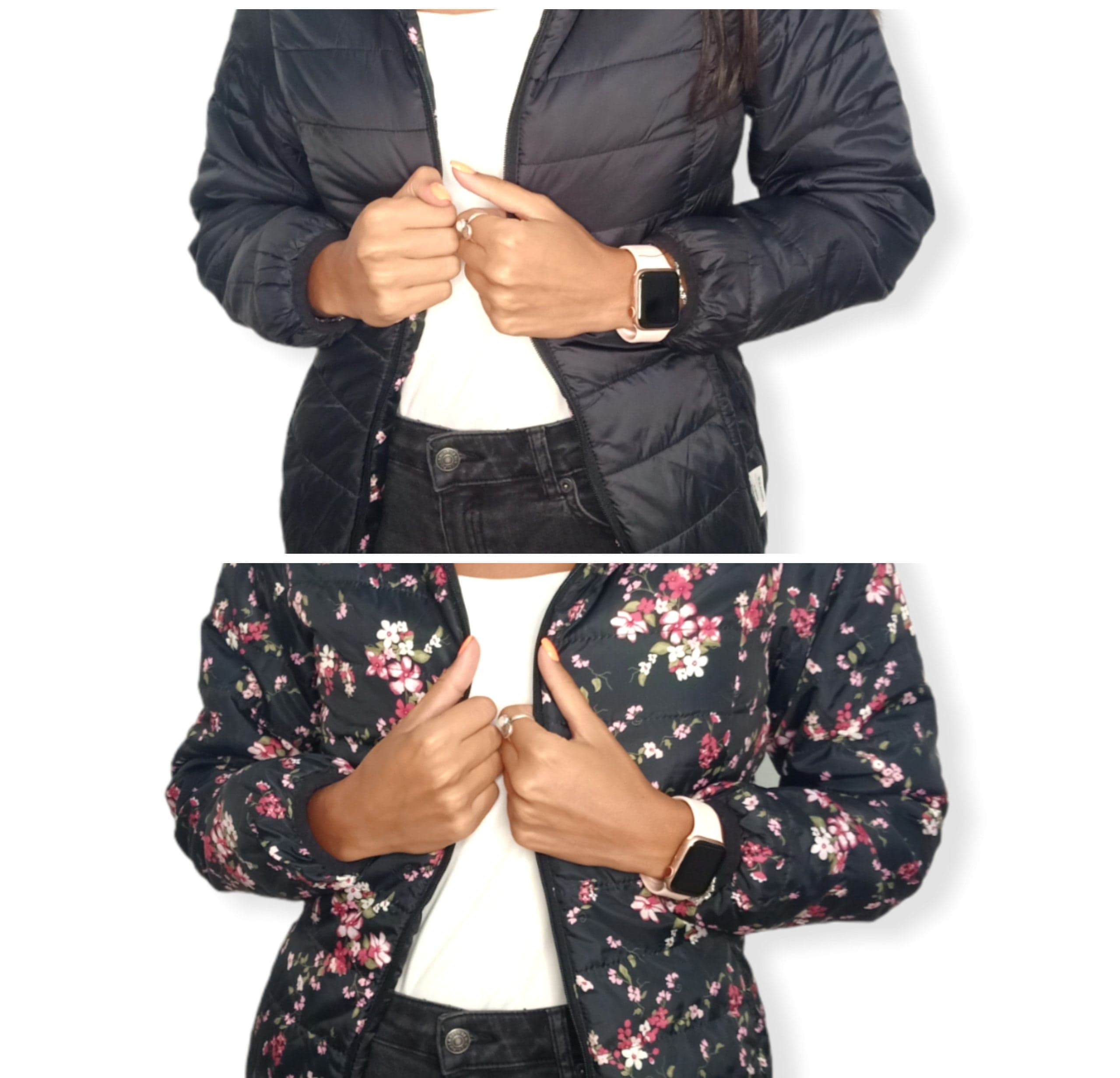 ElOutlet Women Jacket Puffer Women "Double-Face" Jacket - Black x Flowery