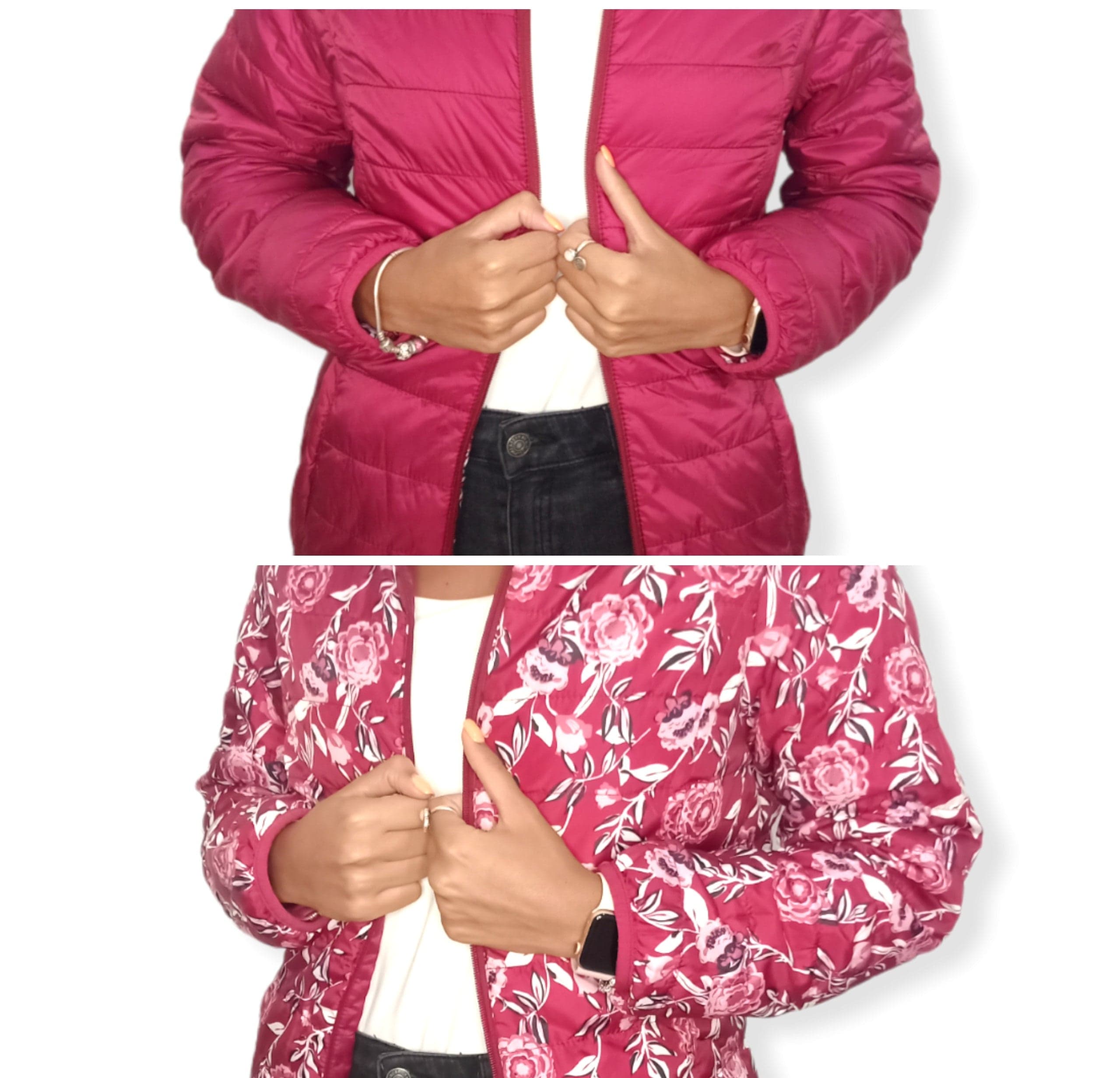 ElOutlet Women Jacket Puffer Women "Double-Face" Jacket - Crimson x Flowery