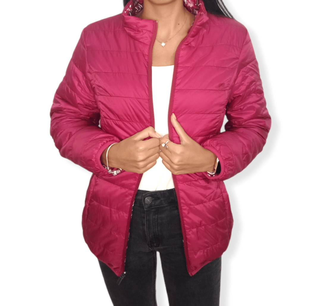 ElOutlet Women Jacket Puffer Women "Double-Face" Jacket - Crimson x Flowery