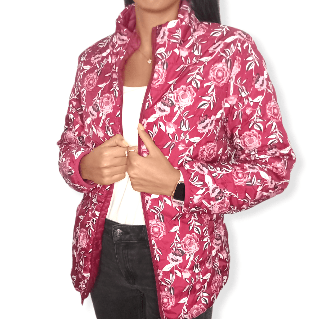 ElOutlet Women Jacket Puffer Women "Double-Face" Jacket - Crimson x Flowery