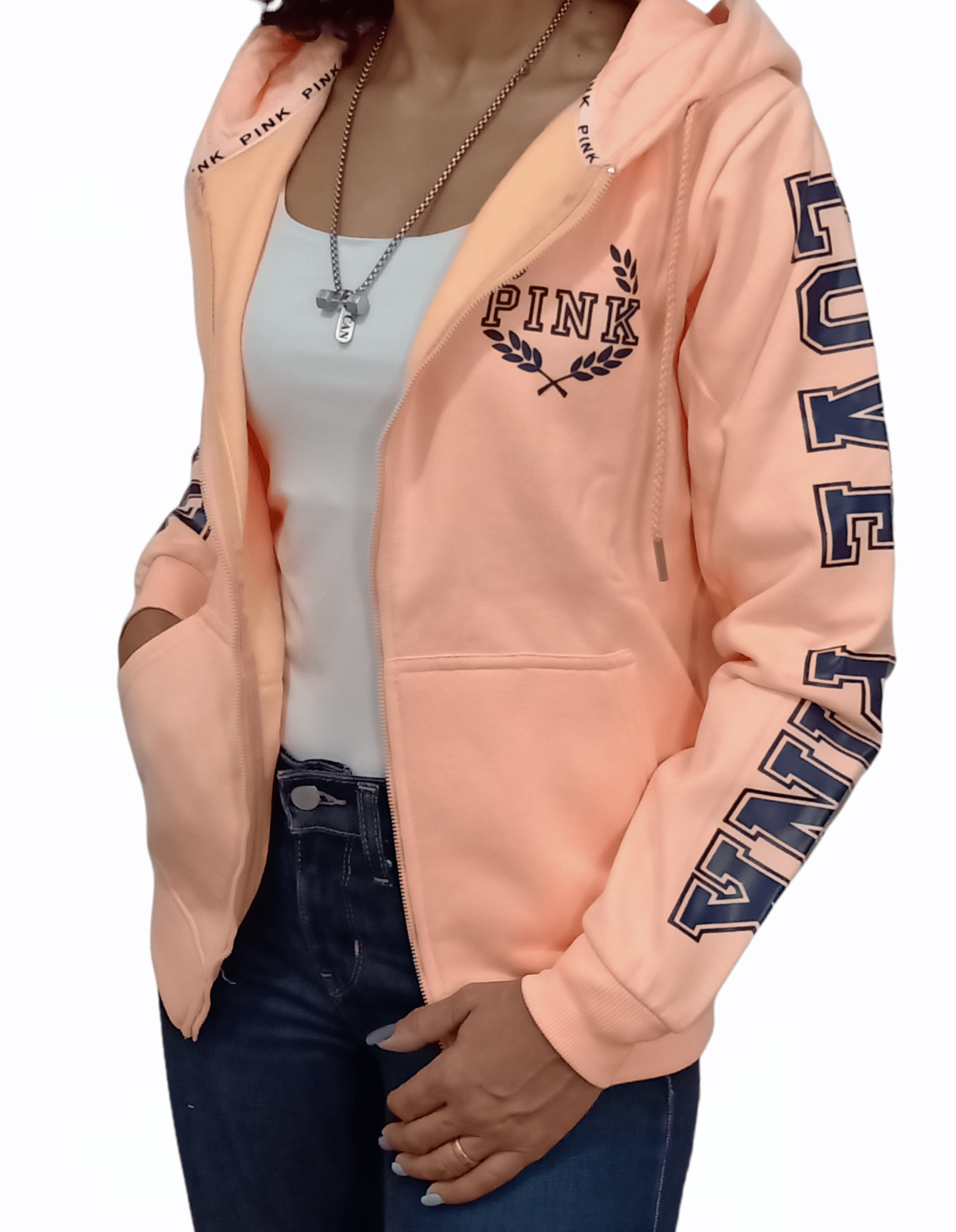 ElOutlet Women Sportsn Hoodie Jacket PINK Women Hoodie Jacket - Shoulder Print - Neon Saumon