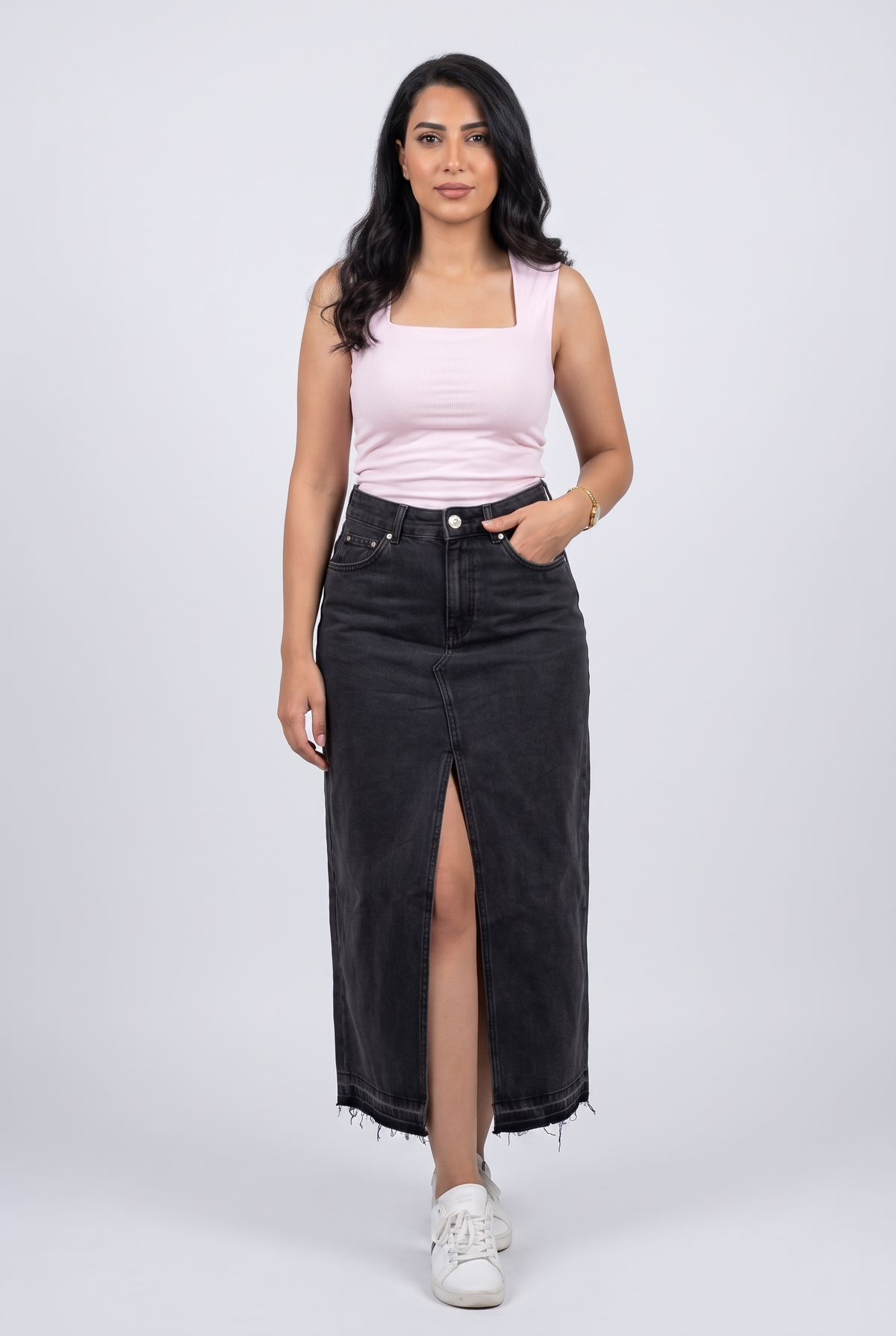 Women Denim Split Front Midi Skirt