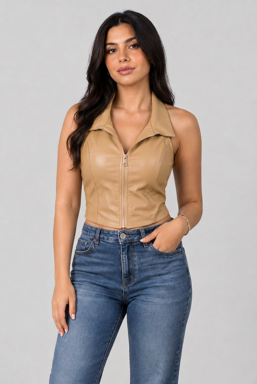 Women Halter High Neck Tank Top- Leather (Camel)