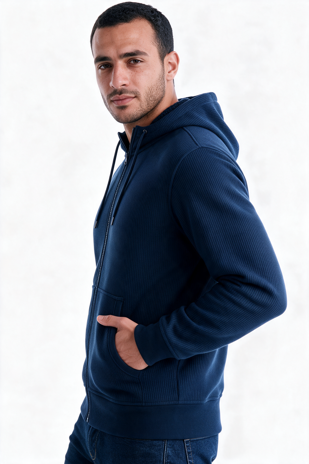 Men's Sherpa-Lined Waffle Knit Zip Hoodie Jacket