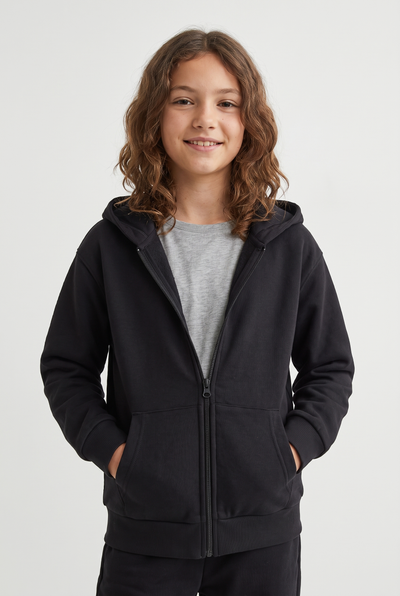 Kids Melton Fleece-Lined Zip-Up Hoodie - Black