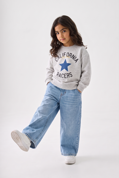 Girls' Star Print Crew Neck Sweatshirt-Grey