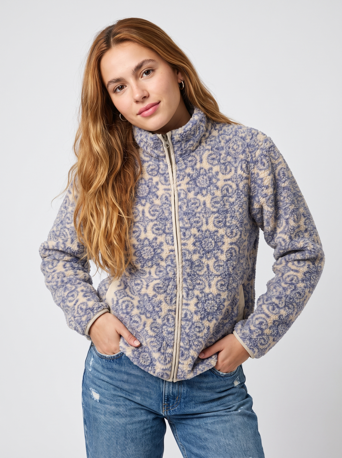 Printed Sherpa Zip Jacket – Blue & Cream