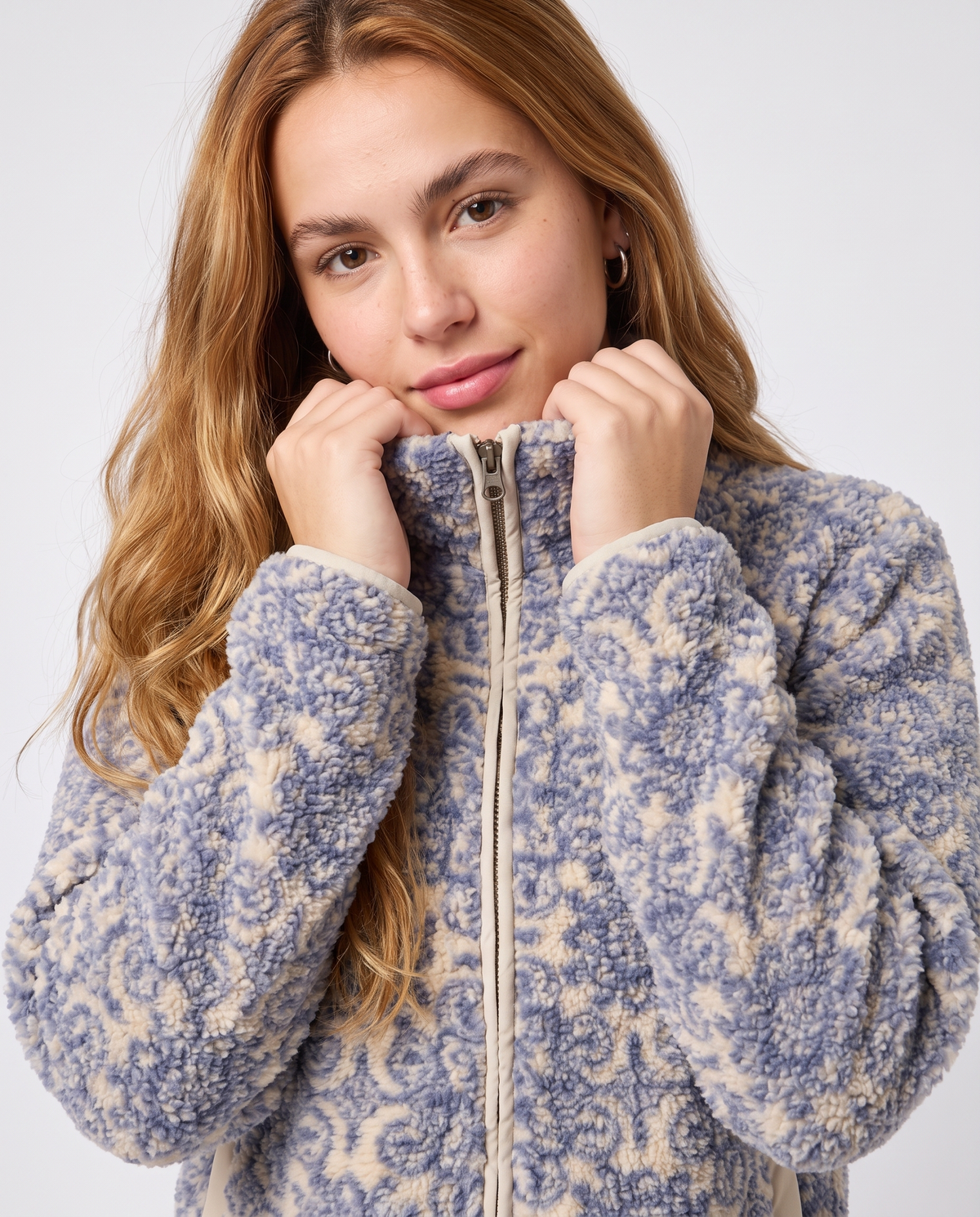Printed Sherpa Zip Jacket – Blue & Cream