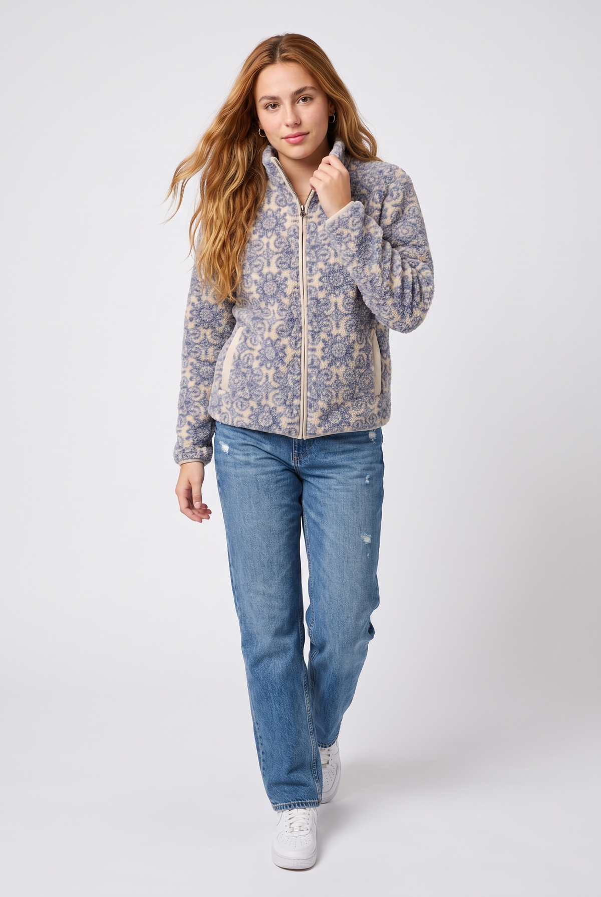 Printed Sherpa Zip Jacket – Blue & Cream