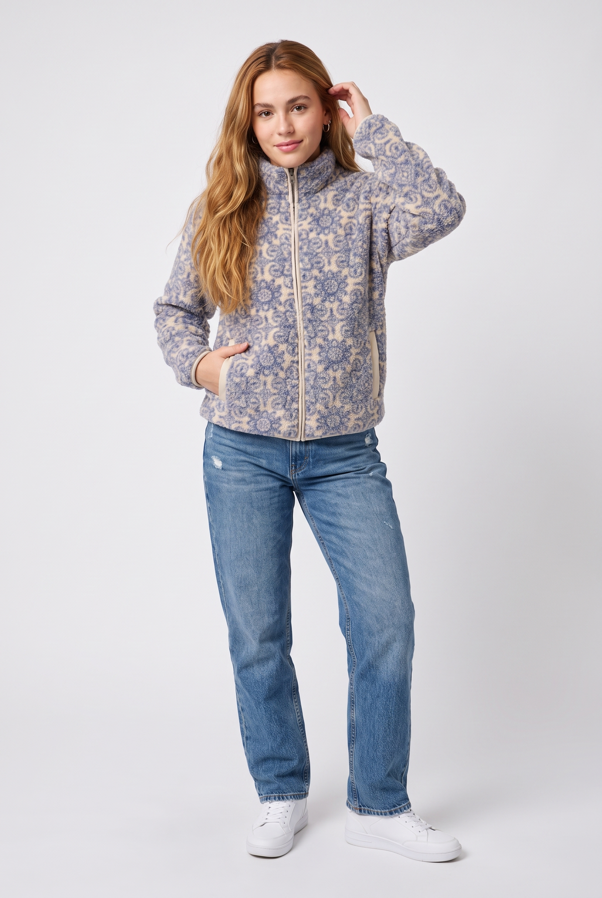 Printed Sherpa Zip Jacket – Blue & Cream