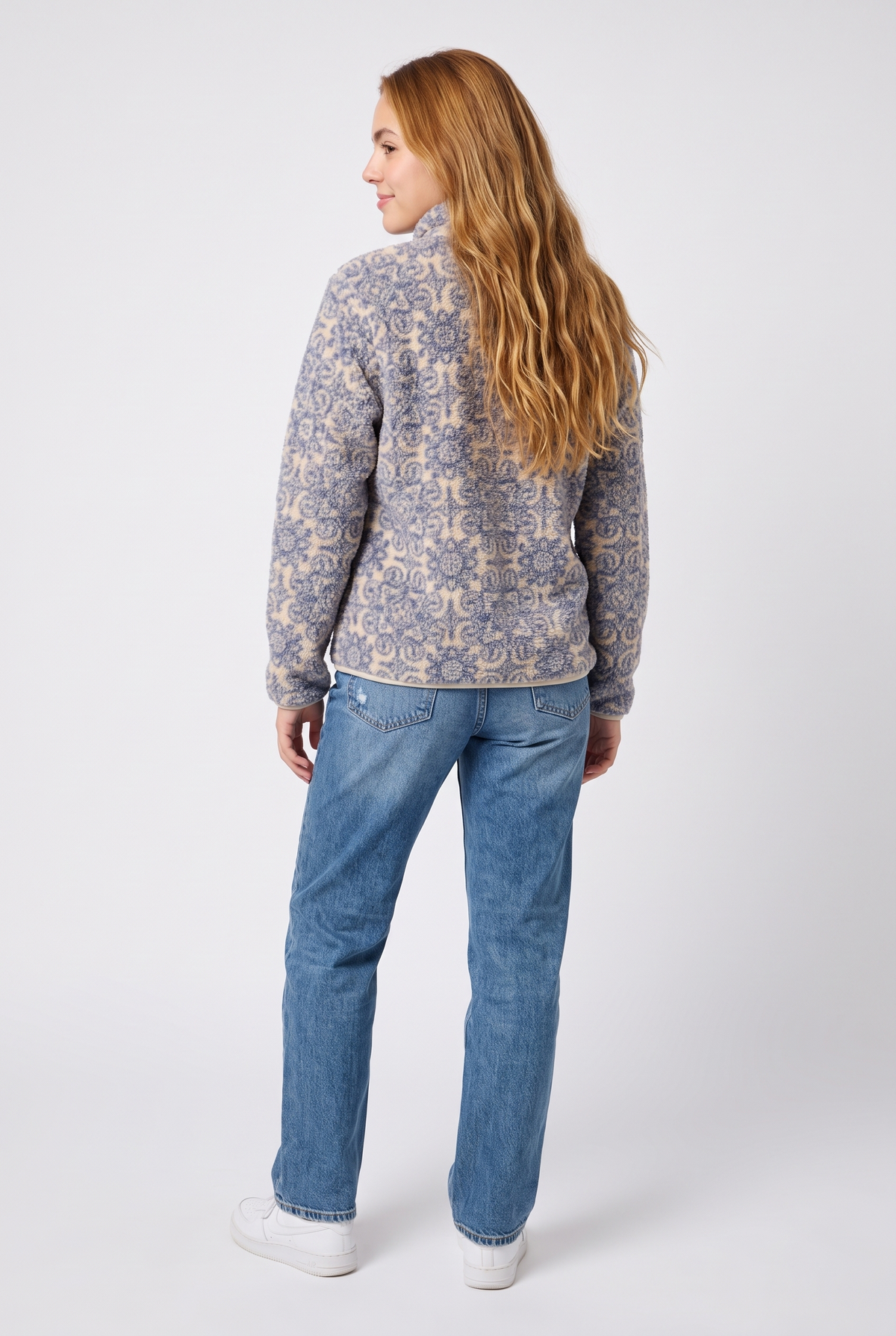 Printed Sherpa Zip Jacket – Blue & Cream