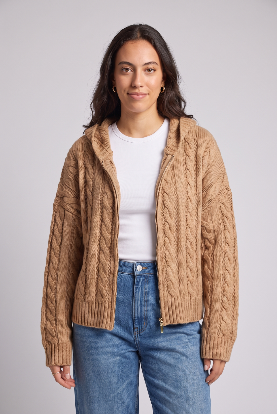 Cable Knit Zip-Up Hoodie Cardigan