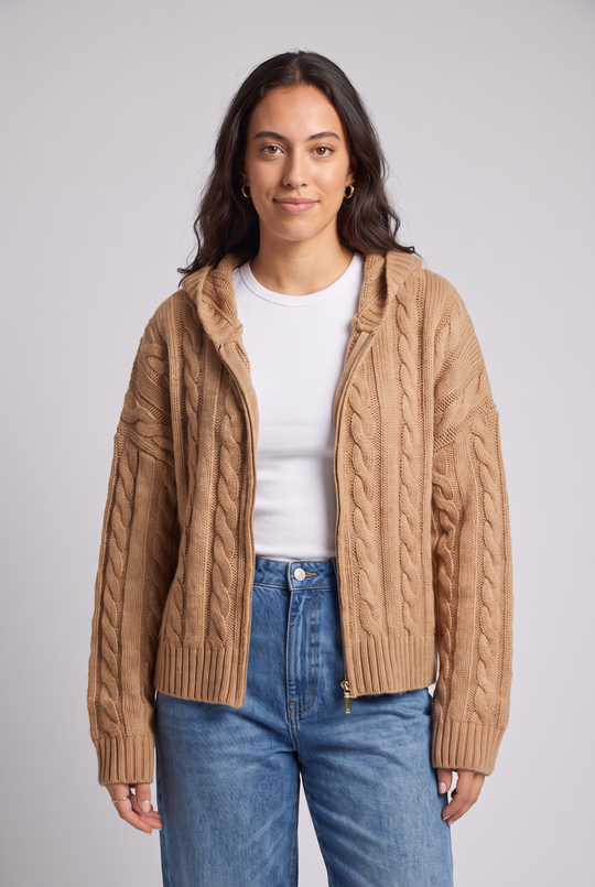 Cable Knit Zip-Up Hoodie Cardigan