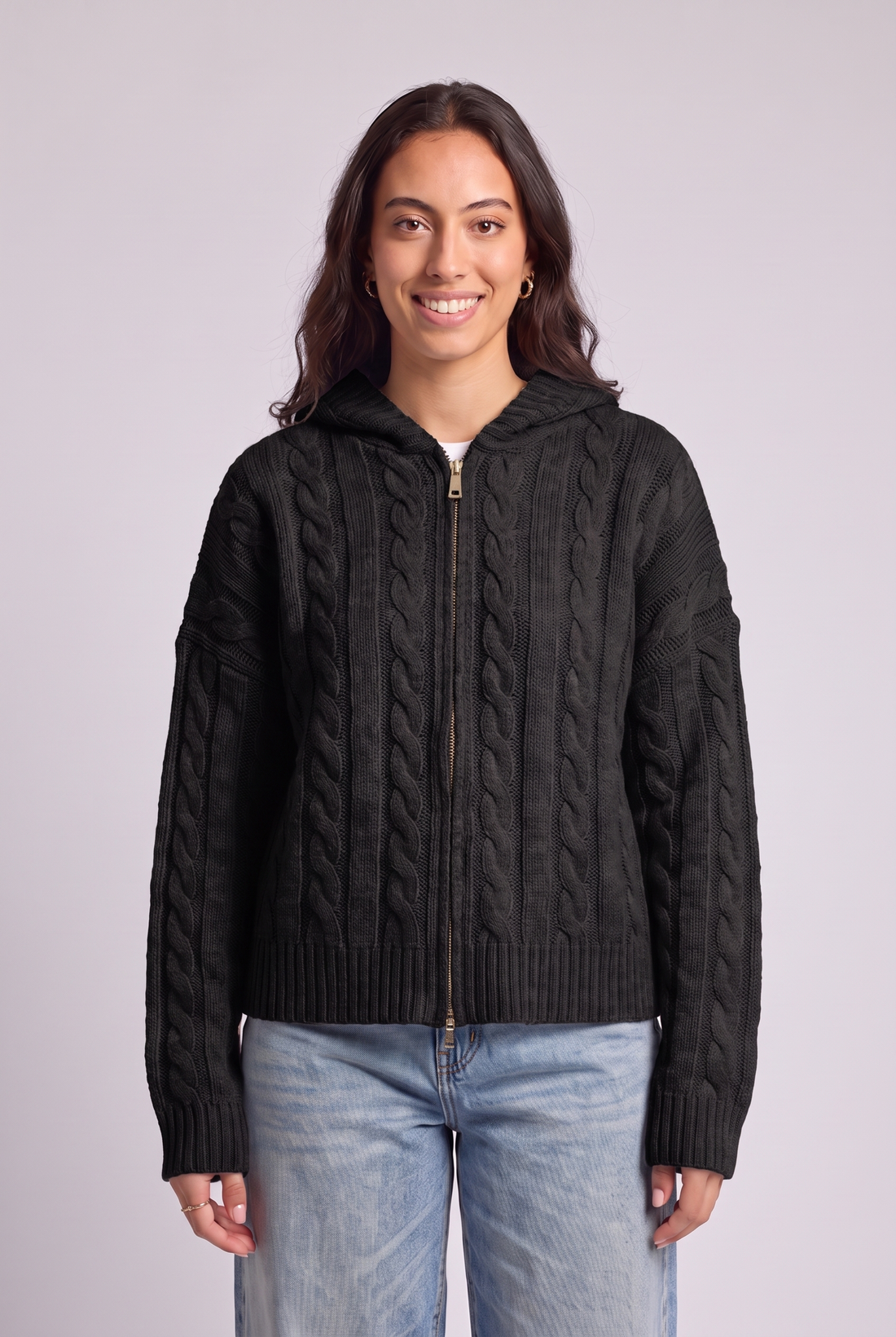 Cable Knit Zip-Up Hoodie Cardigan