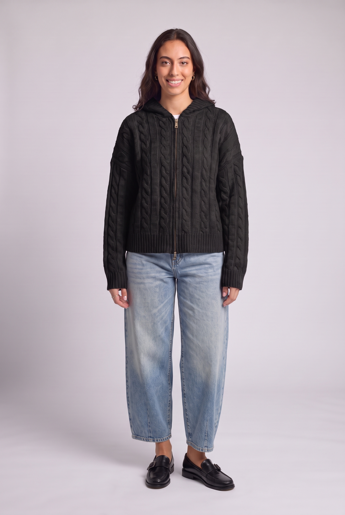 Cable Knit Zip-Up Hoodie Cardigan