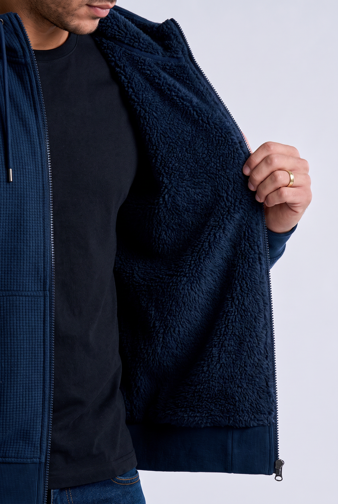 Sherpa-Lined Waffle Knit Zip Hoodie Jacket