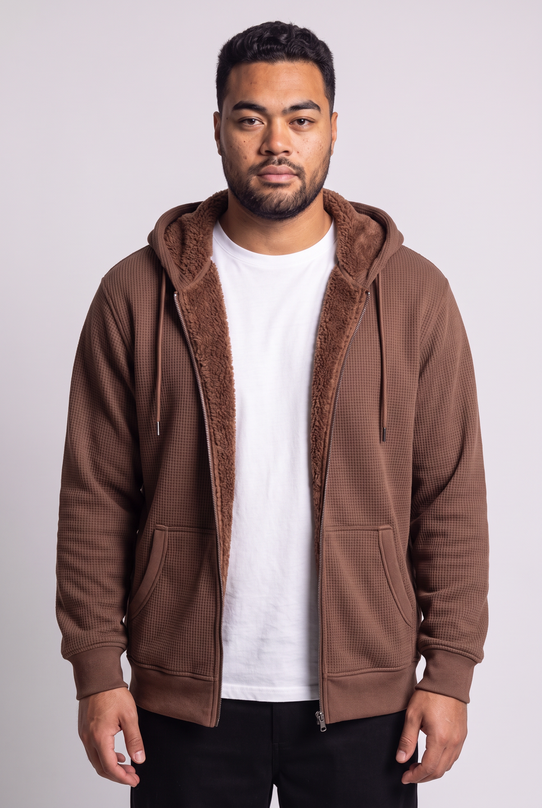 Sherpa-Lined Waffle Knit Zip Hoodie Jacket