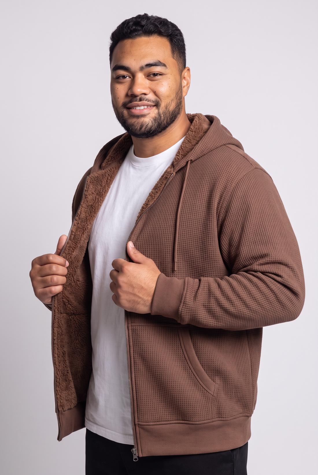 Sherpa-Lined Waffle Knit Zip Hoodie Jacket