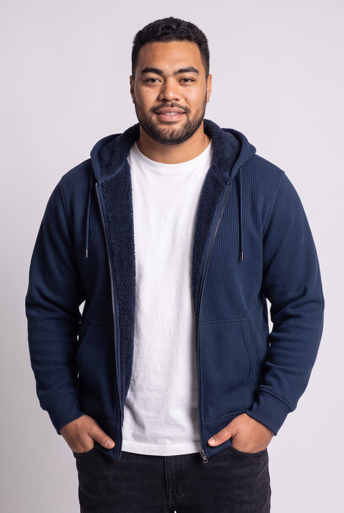 Sherpa-Lined Waffle Knit Zip Hoodie Jacket