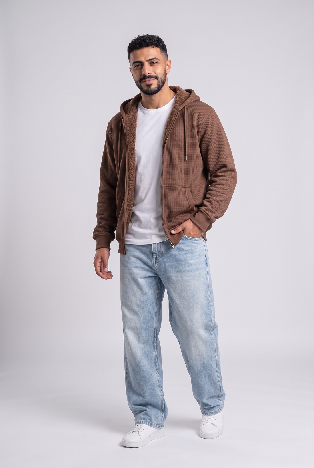 Sherpa-Lined Waffle Knit Zip Hoodie Jacket