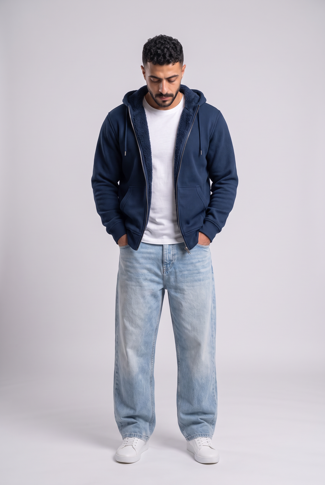 Sherpa-Lined Waffle Knit Zip Hoodie Jacket