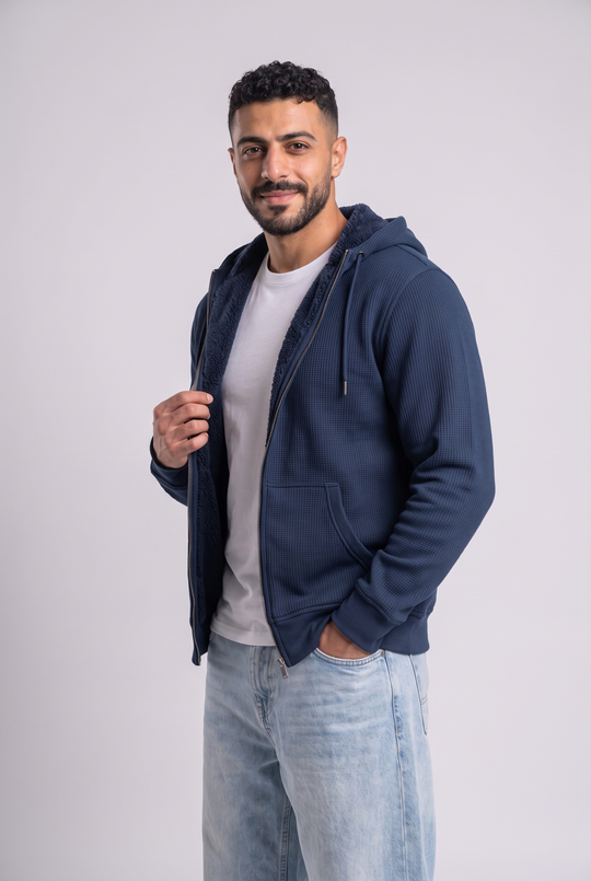 Sherpa-Lined Waffle Knit Zip Hoodie Jacket