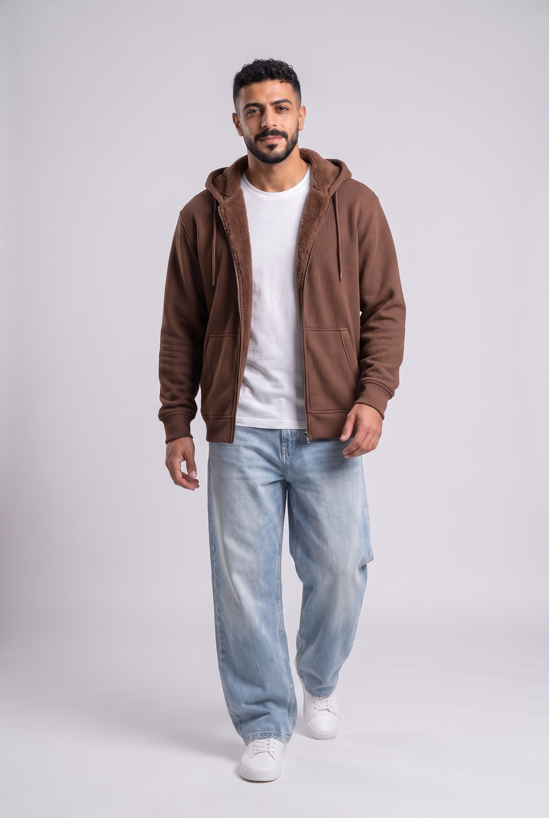 Sherpa-Lined Waffle Knit Zip Hoodie Jacket