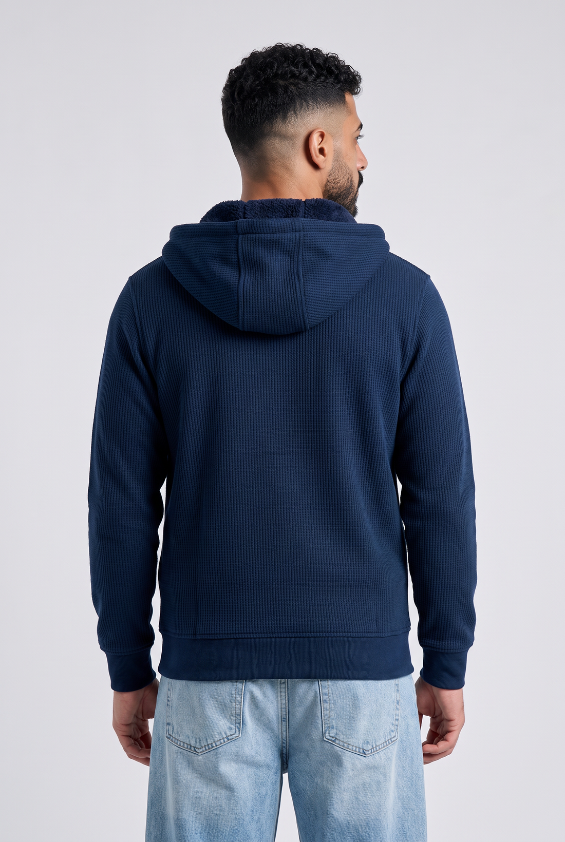 Sherpa-Lined Waffle Knit Zip Hoodie Jacket