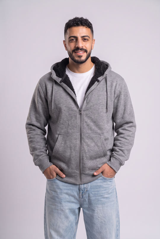 Heather Gray Sherpa-Lined Zip Hoodie Jacket