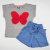 Kids Summer 23 Girls T-shirt & Short Girls Set - Cotton Tshirt & Short Jeans - "Butterfly" Grey