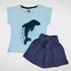 Kids Summer 23 Girls T-shirt & Short Girls Set - Cotton Tshirt & Short Jeans - "Dolphin" - Baby Blue (Green Dolphin)