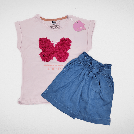 Kids Summer 23 Girls Tshirt Girls Set - Cotton Tshirt & Short Jeans - "Butterfly" Pink (Pink Butterfly)