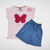 Kids Summer 23 Girls Tshirt Girls Set - Cotton Tshirt & Short Jeans - "Butterfly" Pink (Pink Butterfly)
