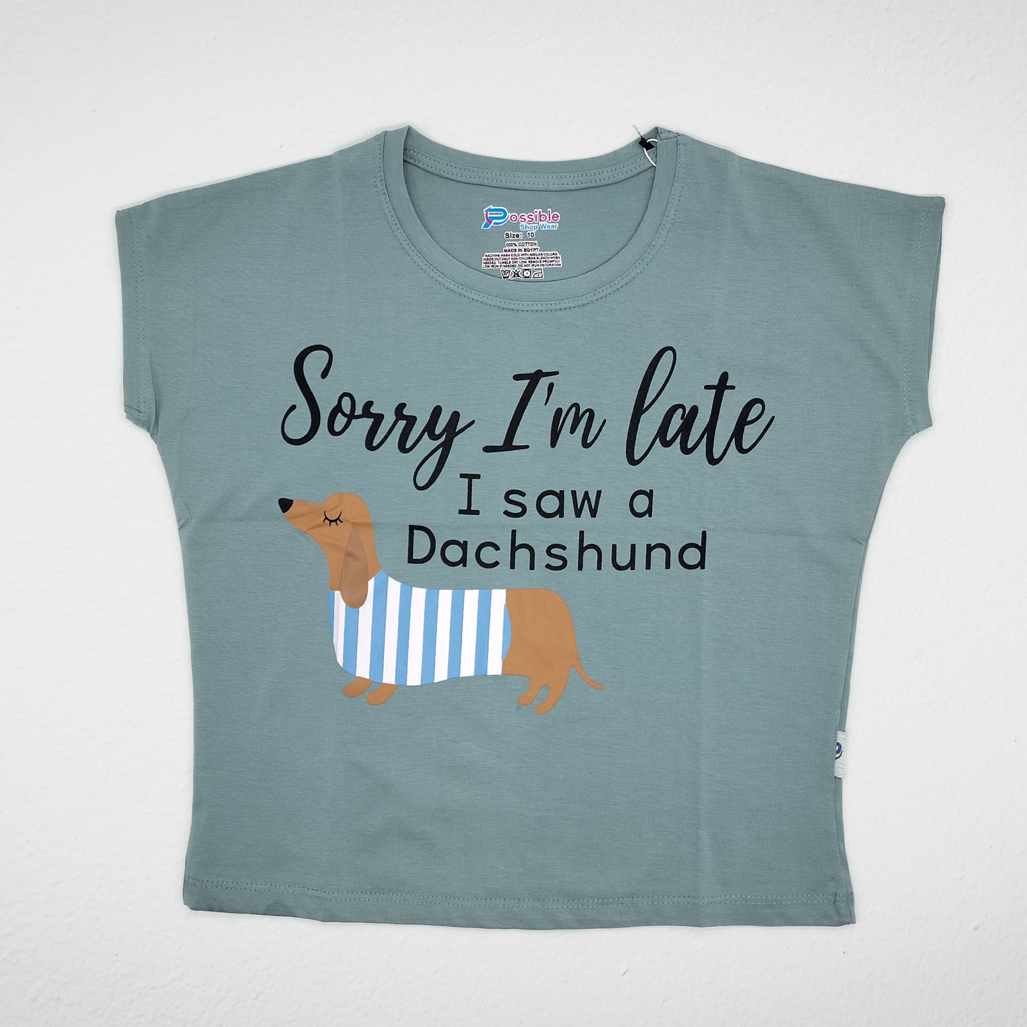 Kids Summer 23 Girls Tshirt Girls  Tshirt - "Sorry I'm Late" - Light Oil Green