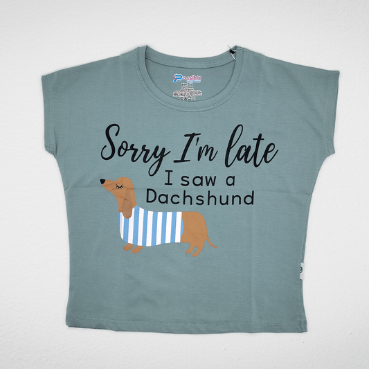Kids Summer 23 Girls Tshirt Girls  Tshirt - "Sorry I'm Late" - Light Oil Green