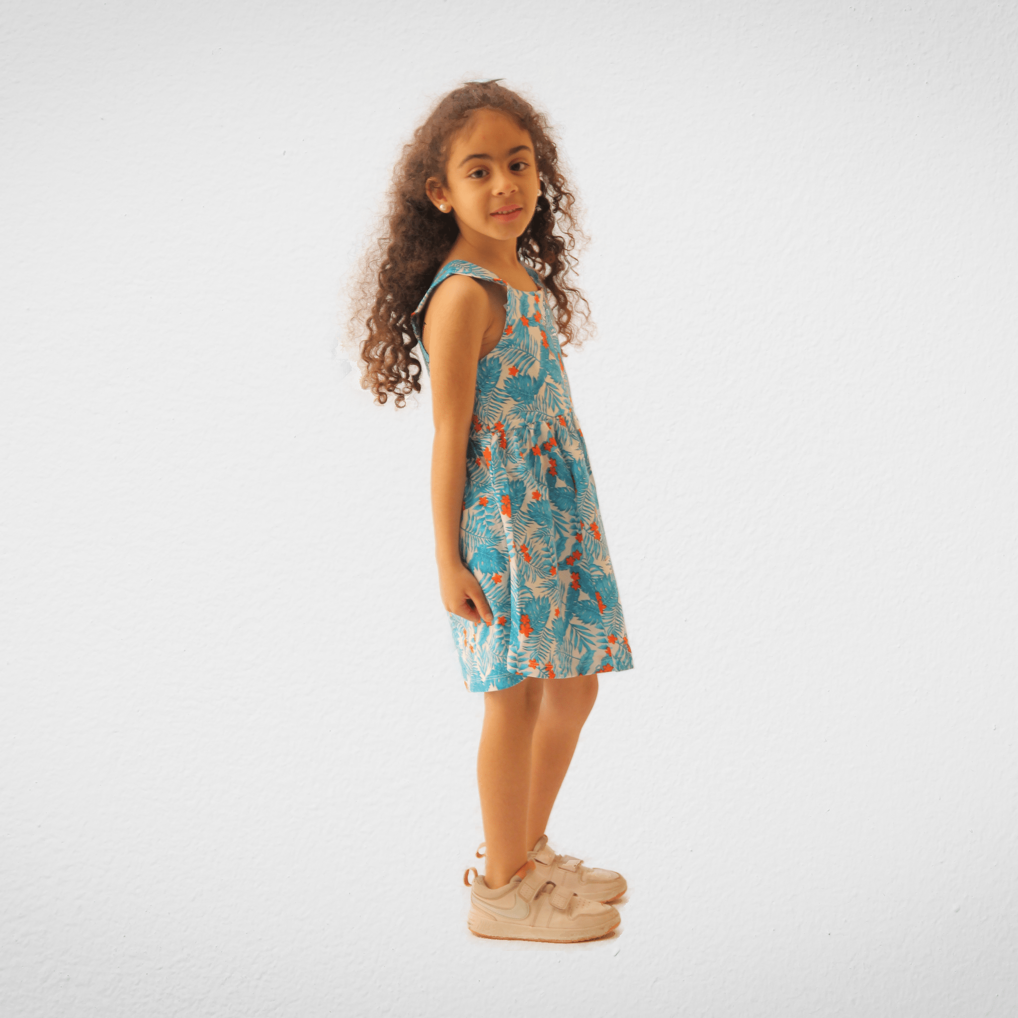 Kids Summer 23 Kids Training Set Cotton Girls Dress - Cut - Flowers (Blue x Orange)