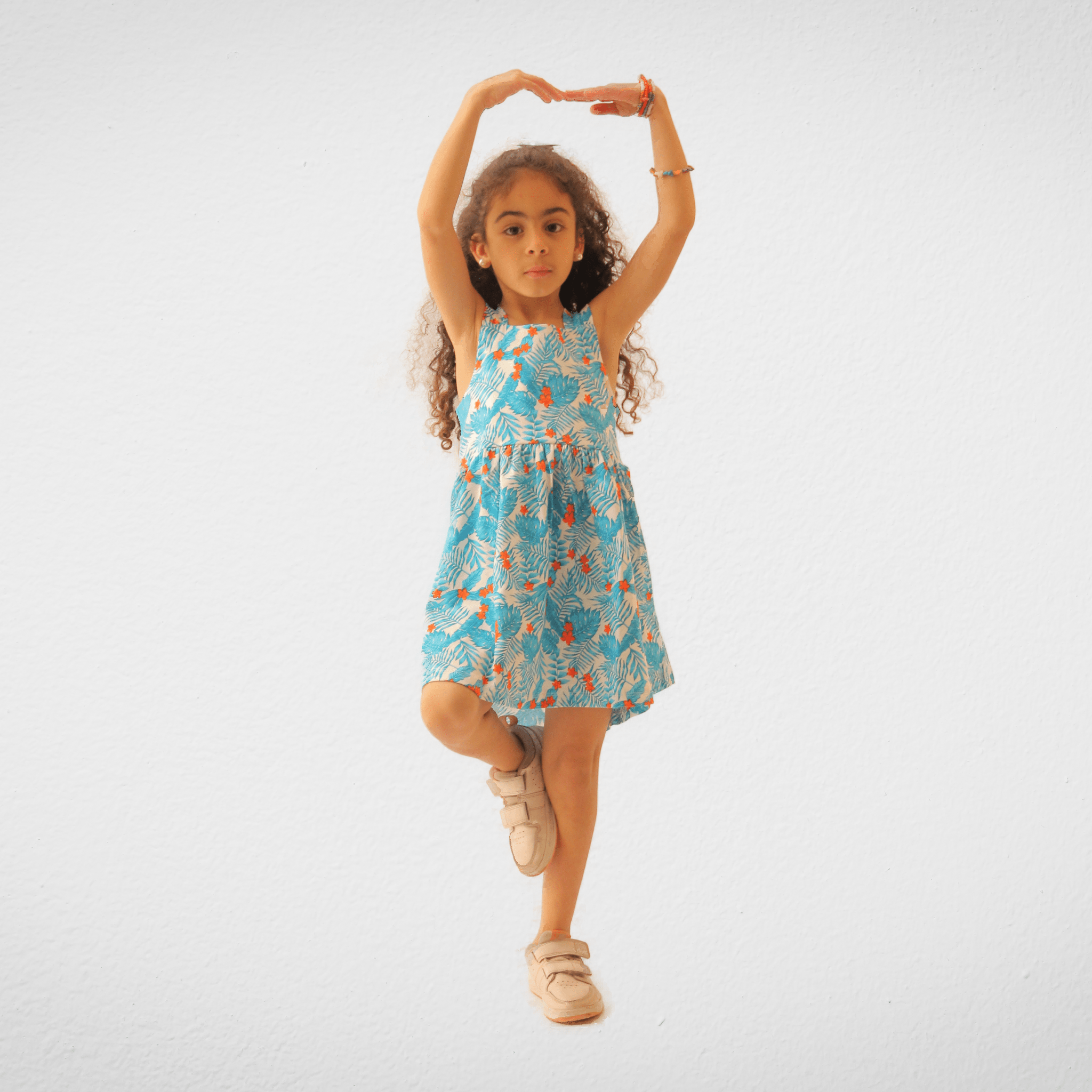 Kids Summer 23 Kids Training Set Cotton Girls Dress - Cut - Flowers (Blue x Orange)