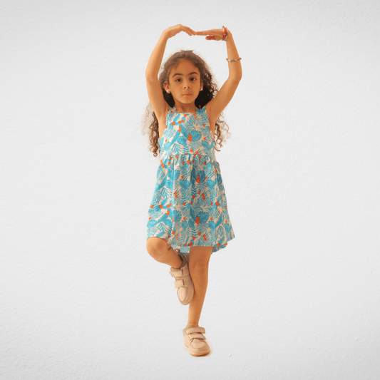 Kids Summer 23 Kids Training Set Cotton Girls Dress - Cut - Flowers (Blue x Orange)