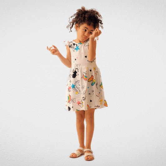 Kids Summer 23 Kids Training Set Cotton Girls Dress - Half Sleeve - White (Mickey)