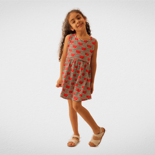 Kids Summer 23 Kids Training Set Cotton Girls Dress - Red Heart Stripped