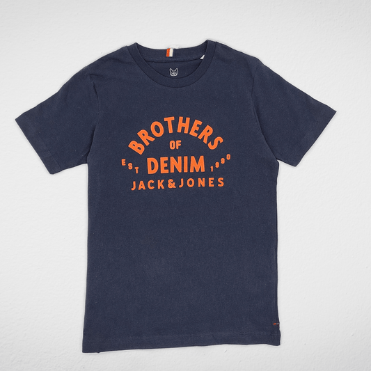 Kids Summer 23 Kids Tshirt Kids (Boys) Cotton T-shirt (J&J) - Dark Blue (orange writing)