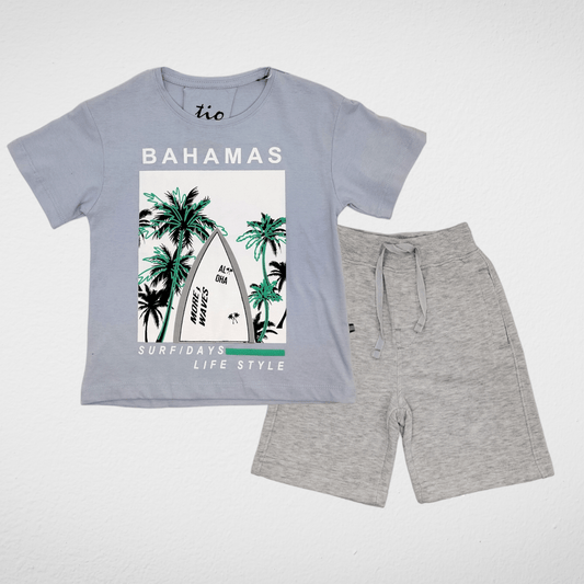 Kids Summer 23 Summer Sale 23 Boys Set (Tshirt & Short) - "Palm" - Baby Blue