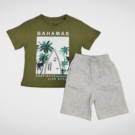 Kids Summer 23 Summer Sale 23 Boys Set (Tshirt & Short) - "Palm" - Oil Green