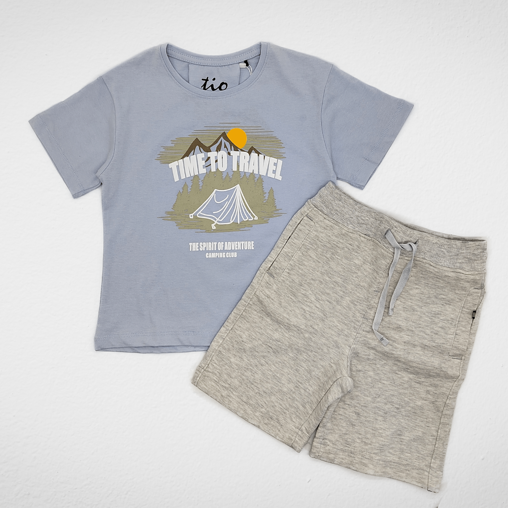 Kids Summer 23 Summer Sale 23 Boys Set (Tshirt & Short) - "Time to Travel" - Baby Blue